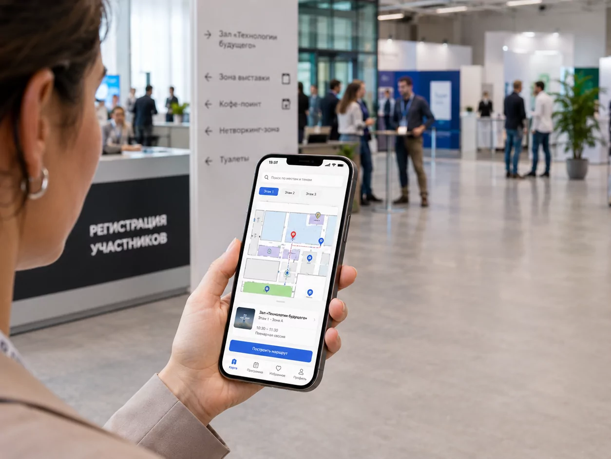 Участница смотрит карту площадки на экране смартфона в фойе